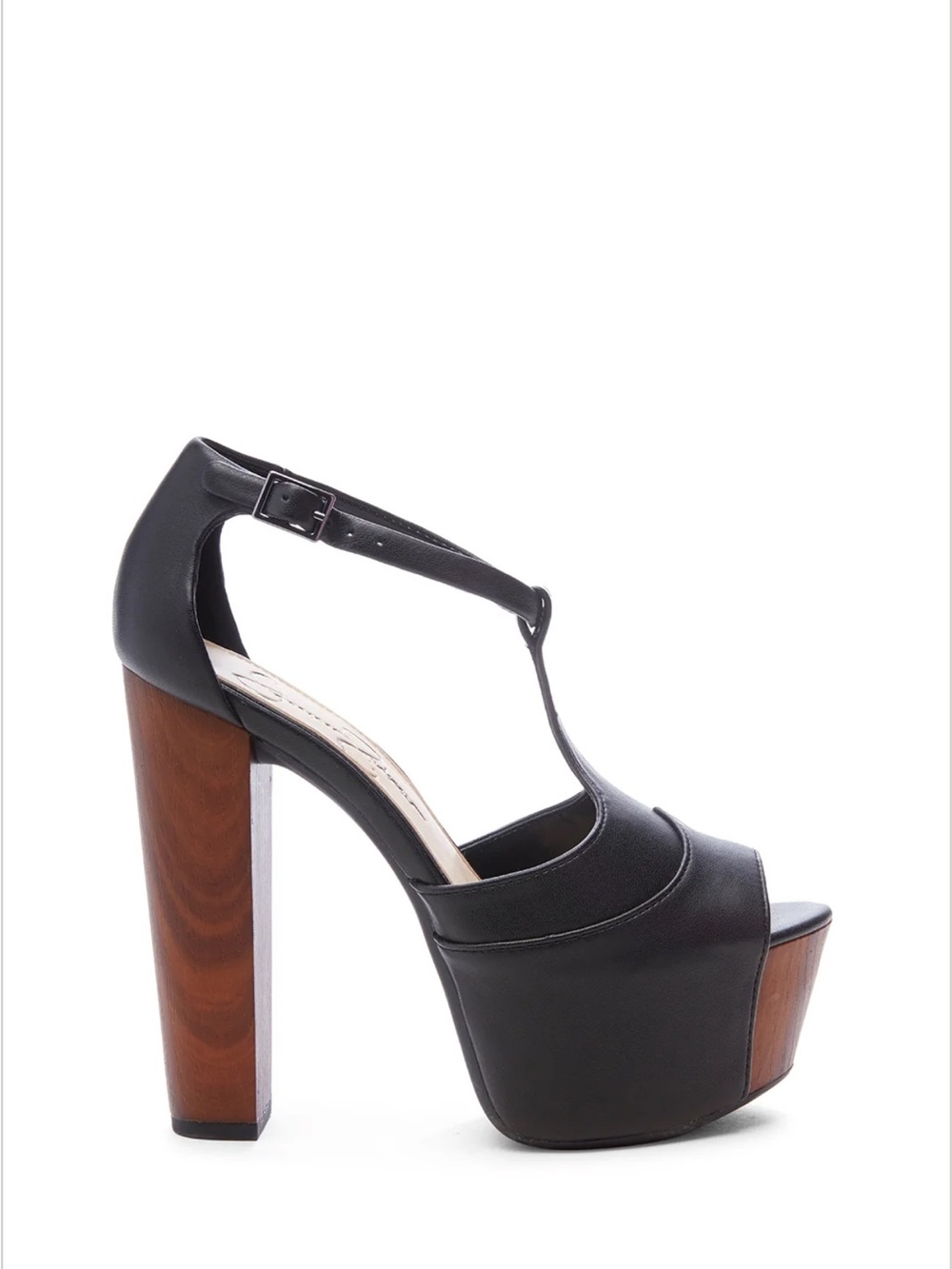 Jessica Simpson Danny Black T-Strap Platform Sandals with Wood-Look Block Heel